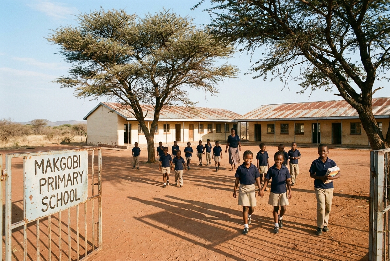 Wide view of the Makgobi Primary School courtyard with acacia trees and learners walking back to class