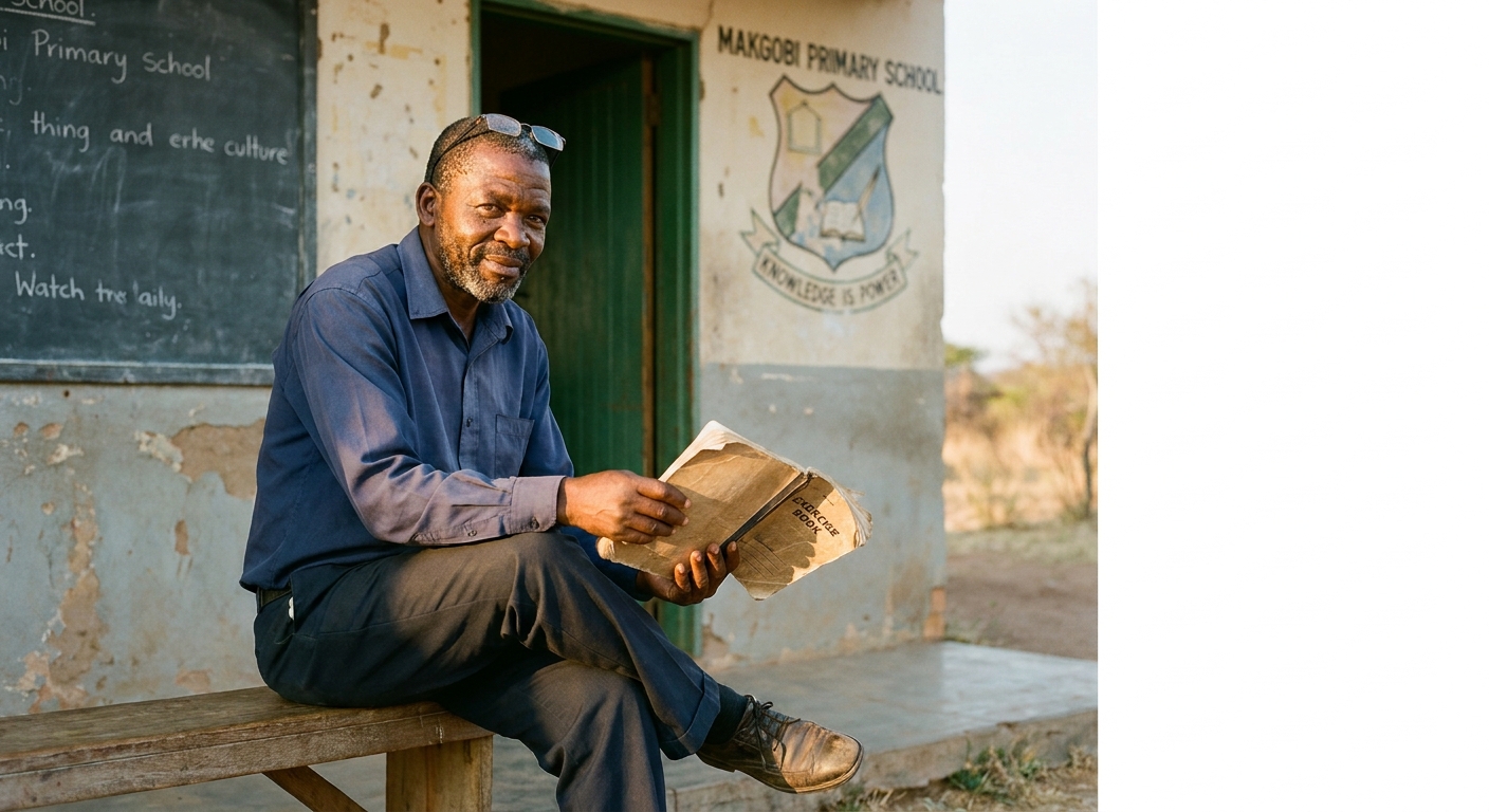 Principal Tebogo Marumo seated outside a classroom holding a book