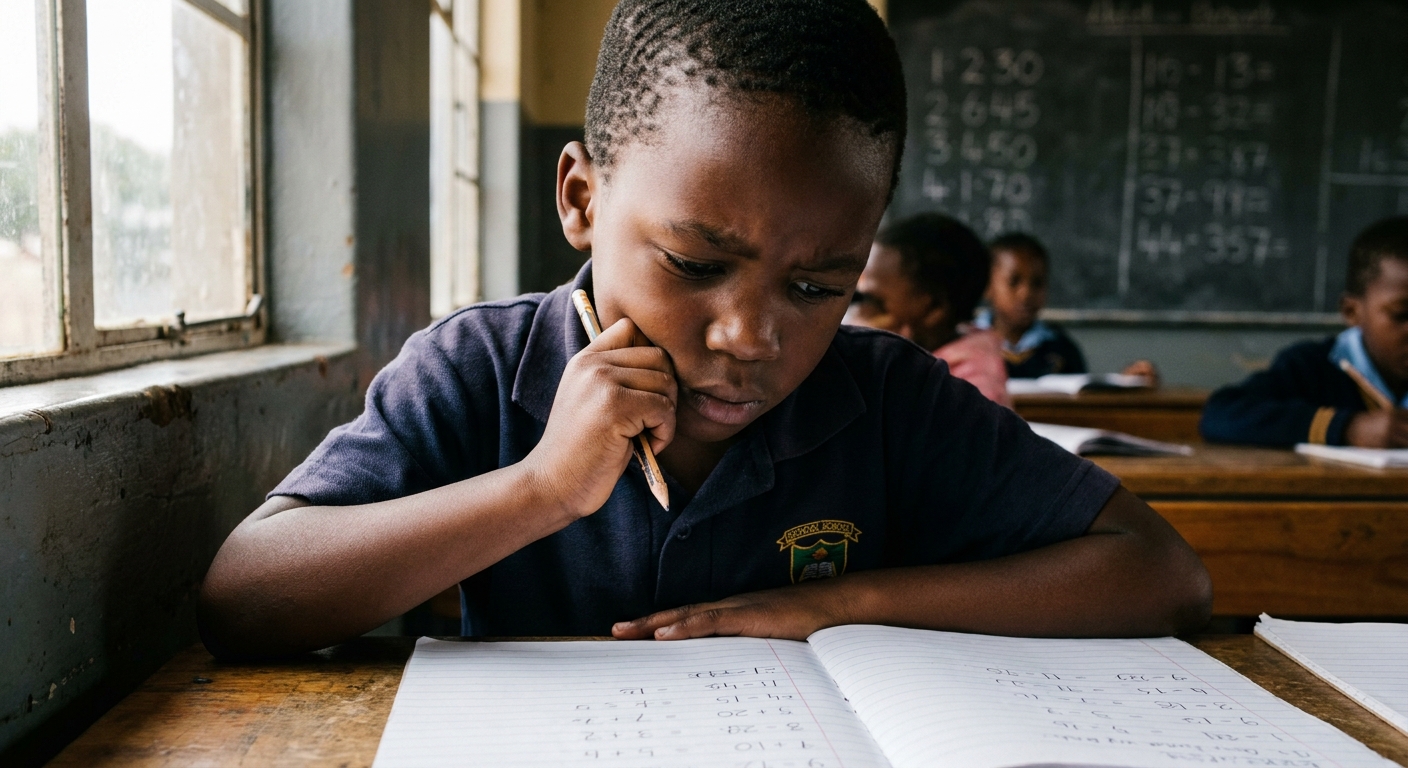 A Grade 2 learner concentrating on a written sum, hand on cheek