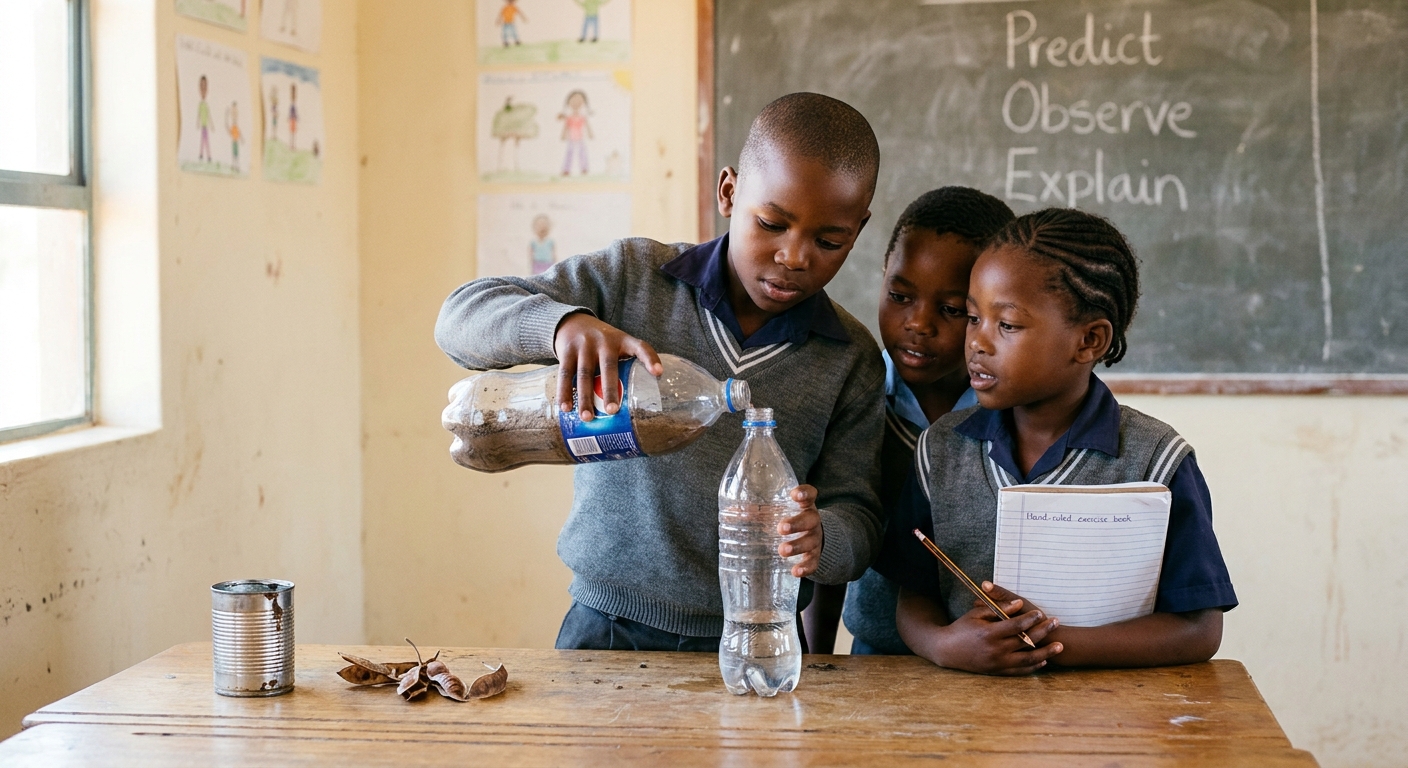 Three children doing a science experiment with bottles and water at a classroom table