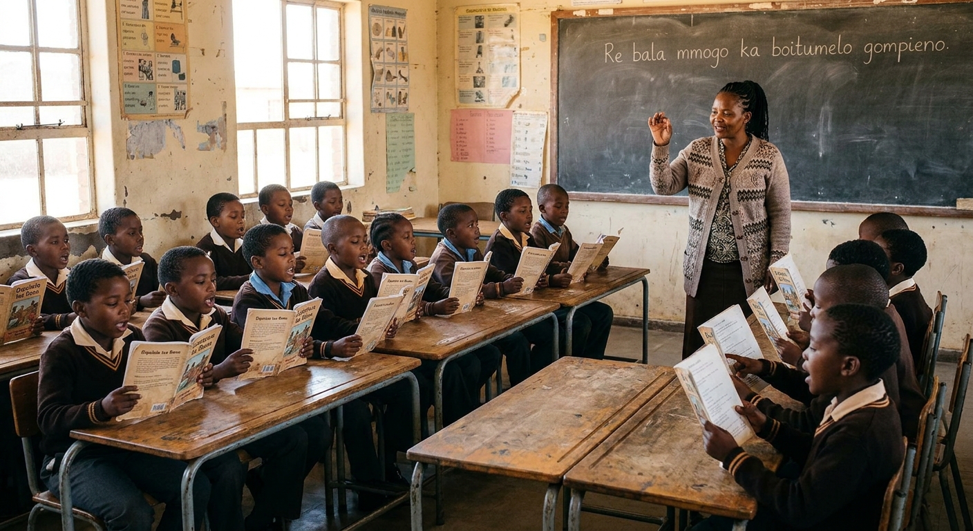 Class reading aloud from a Setswana storybook