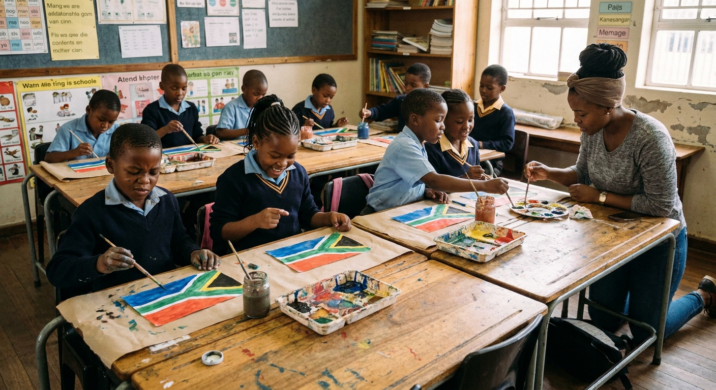 Group of children doing a creative arts activity with paper and paint