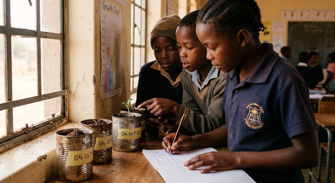 Pupils observing growing seedlings on the windowsill