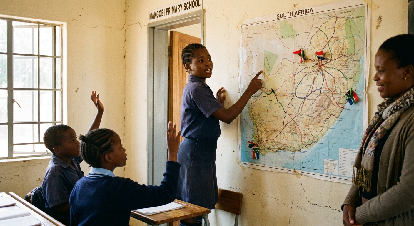 A wall map of South Africa with children pointing at it
