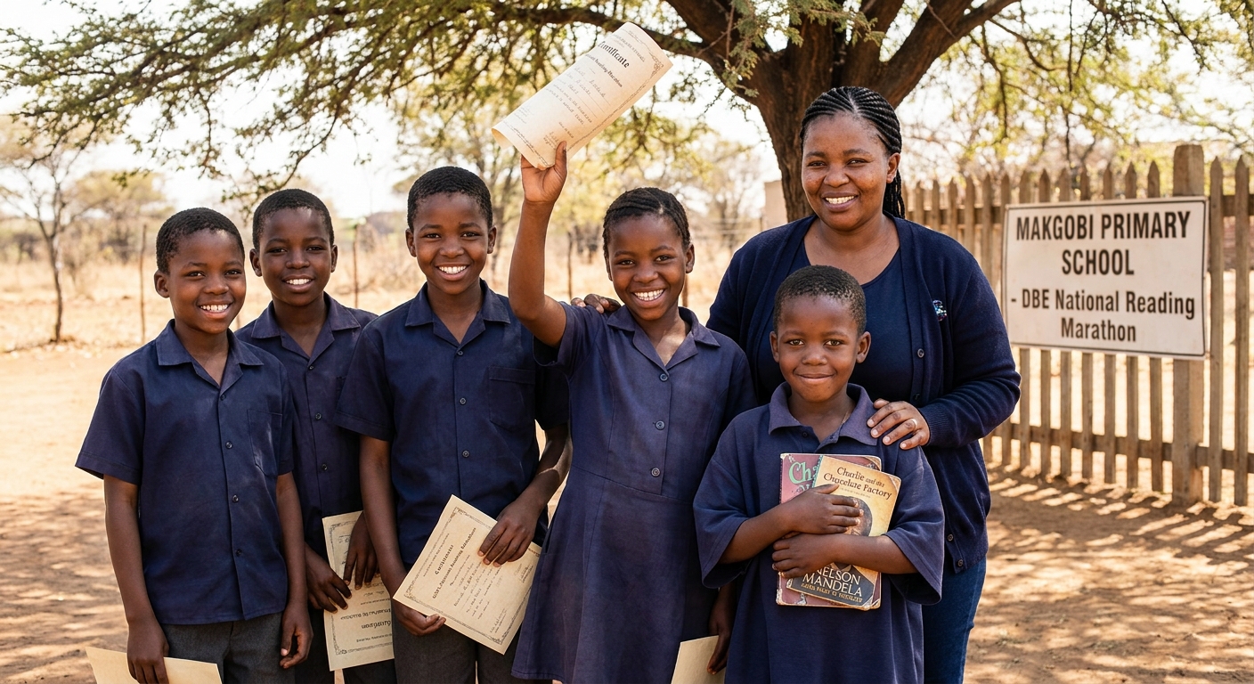 Reading marathon winners holding certificates and books
