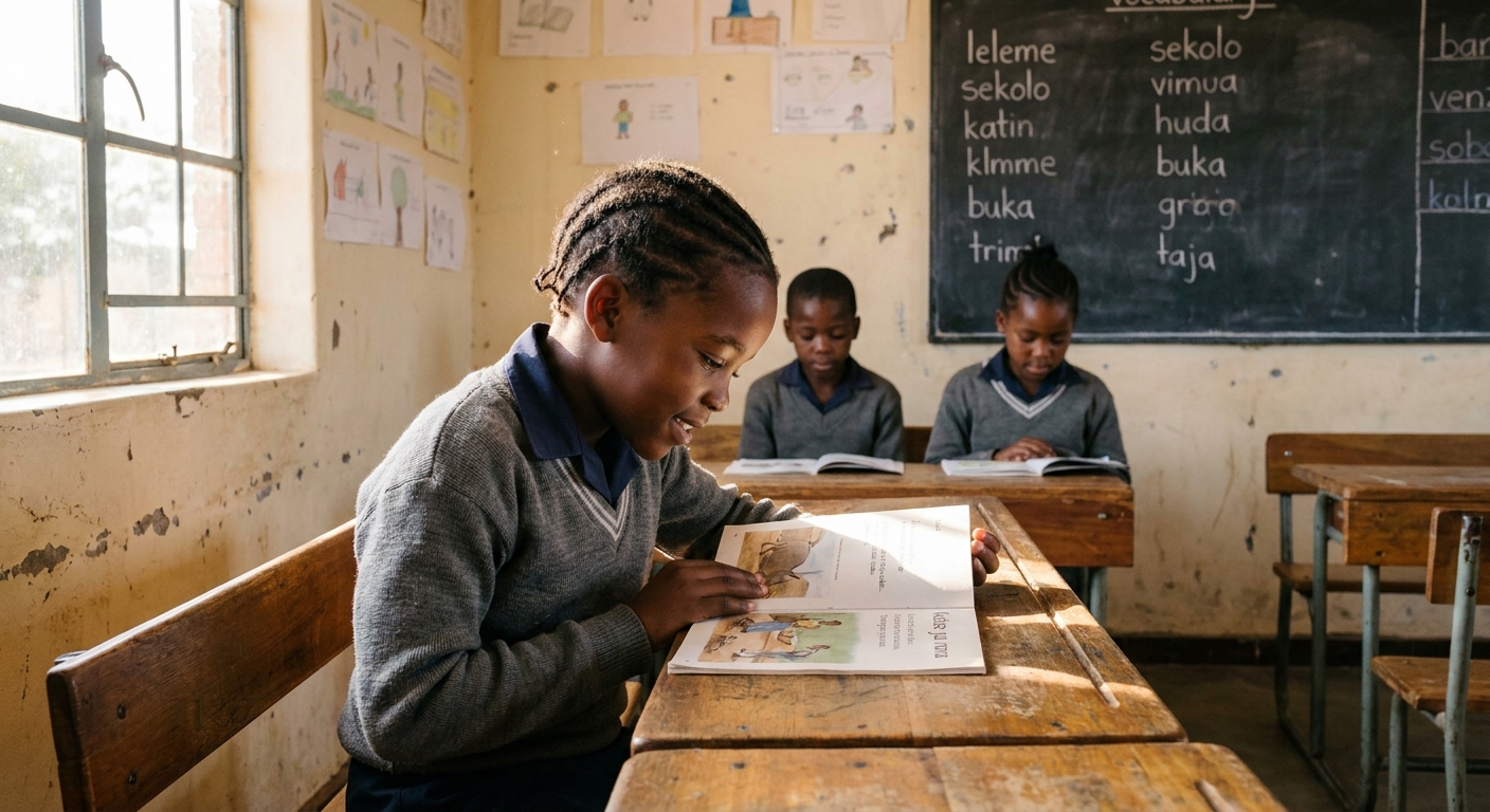 Grade 3 learners reading in a sunlit classroom at Makgobi Primary School