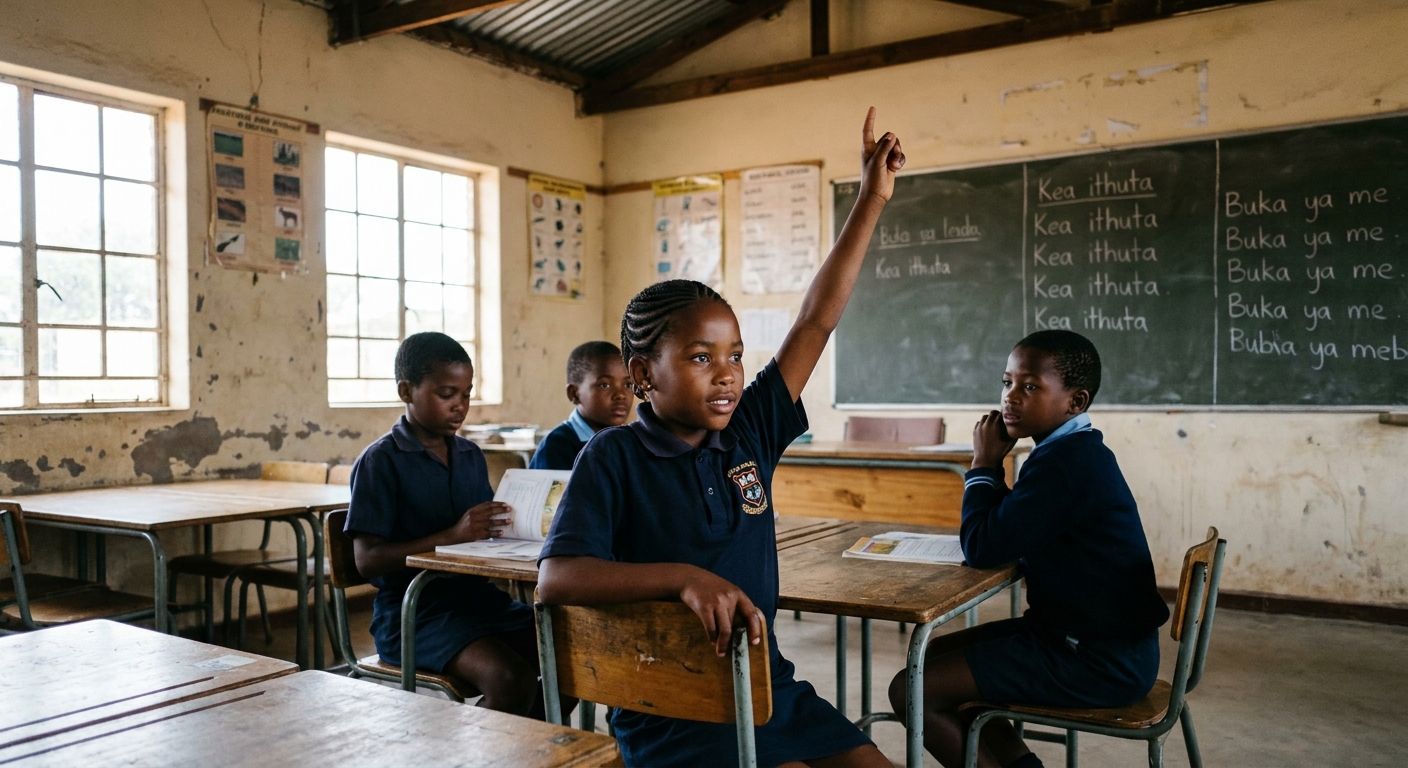 A young learner raises her hand during a Setswana lesson