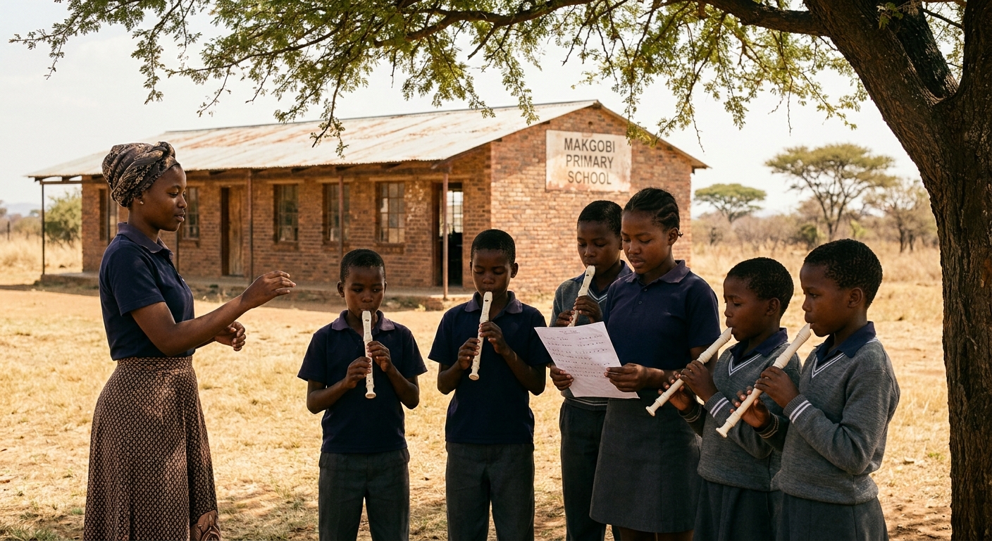 Recorder ensemble practicing under the tree at break