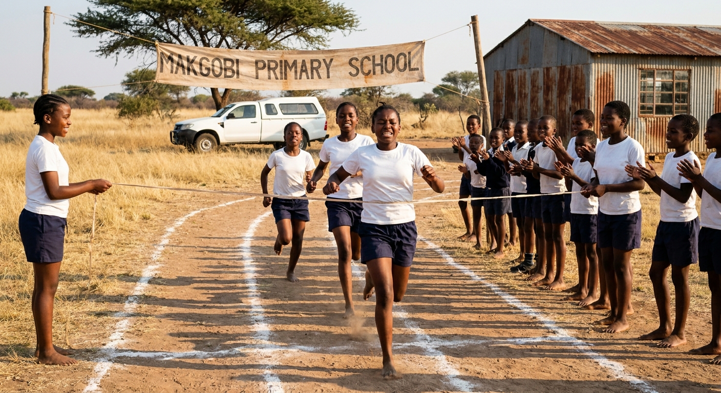 Sports day finish line with cheering classmates