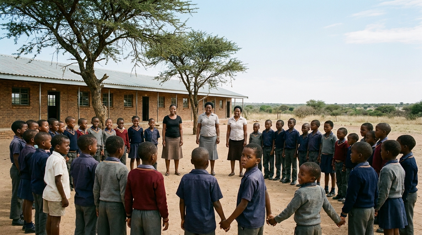 Educators and learners gathered for the morning circle in the schoolyard