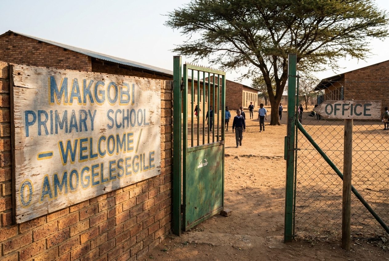 The school's main gate with the welcome sign