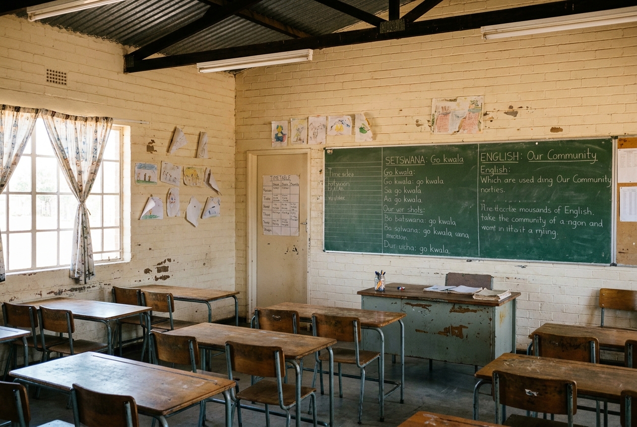 Classroom with chalkboard, learners' desks, and Setswana posters on the walls