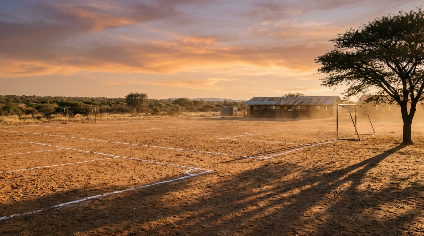 Dirt sports field with goalposts and acacia trees in the background
