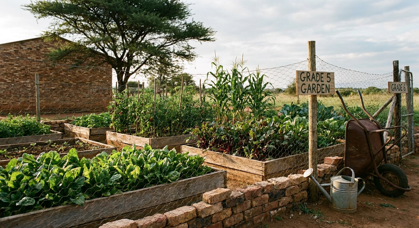 School food garden with raised beds and learners watering