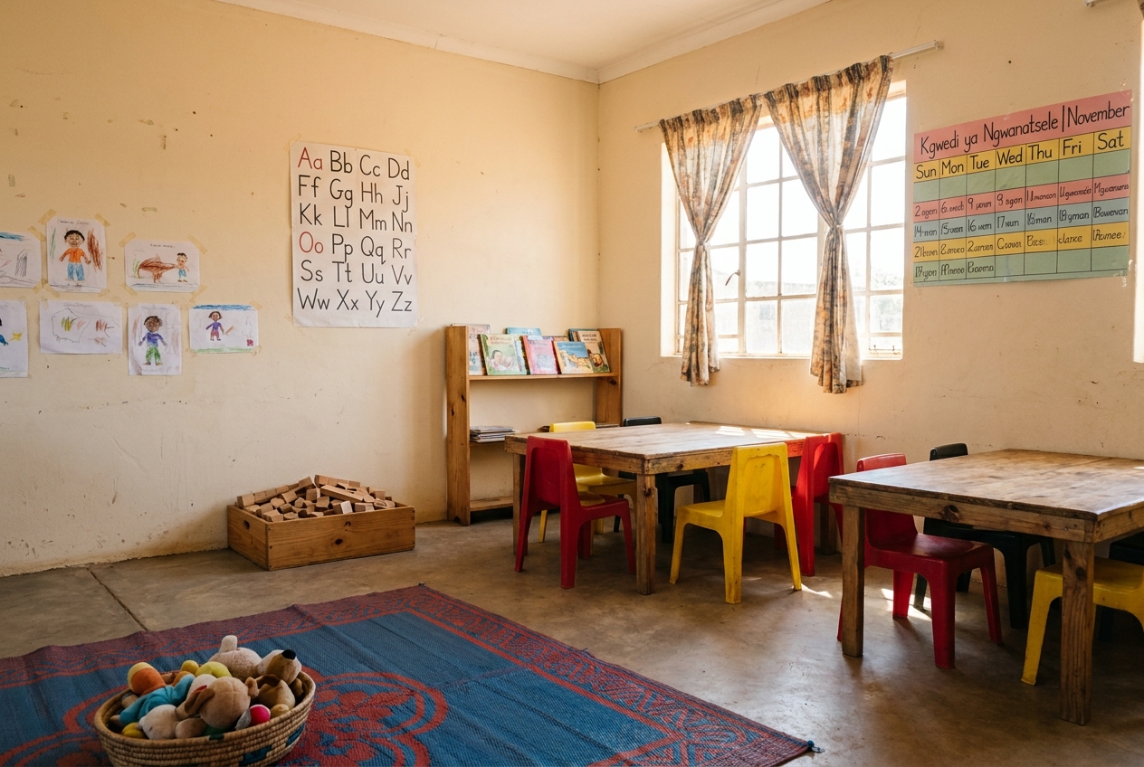 Bright Grade R classroom with a soft mat and counting blocks