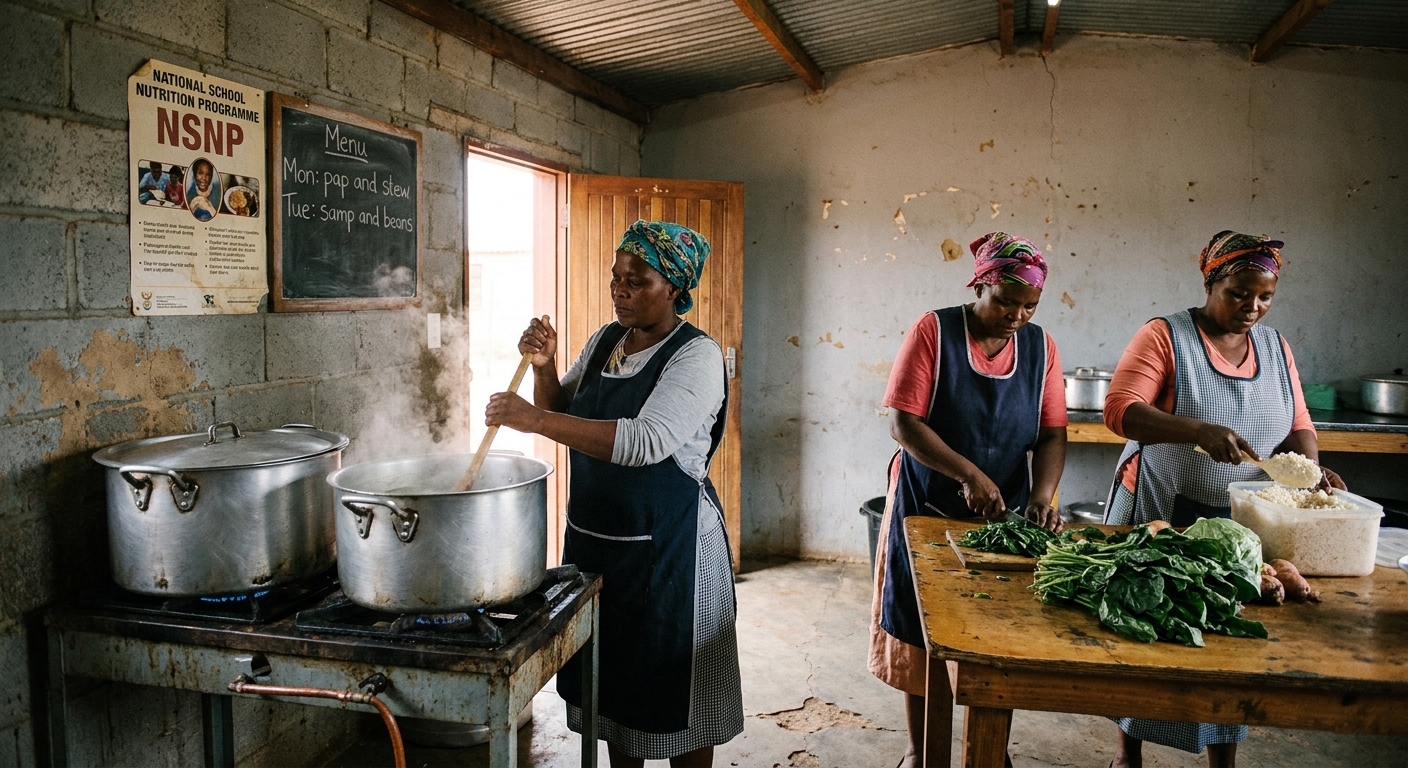 School kitchen with two large pots on the stove and ladies stirring