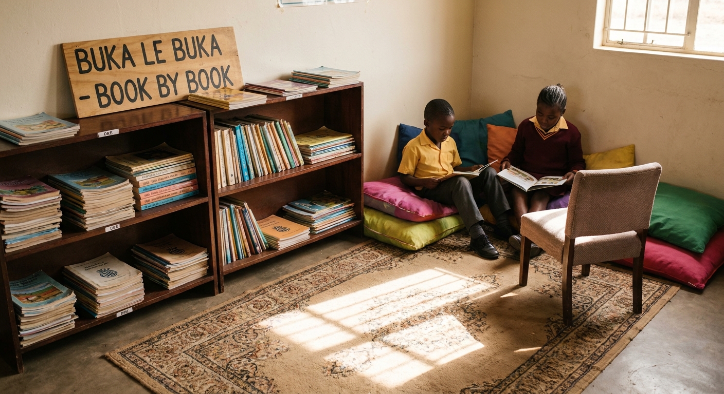 Library reading corner with bookshelves and floor cushions