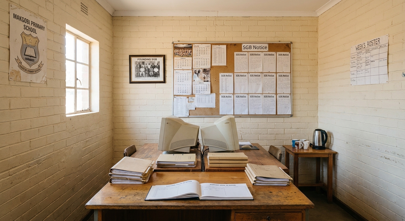 Small school office with two desks, a noticeboard and a sign-in book