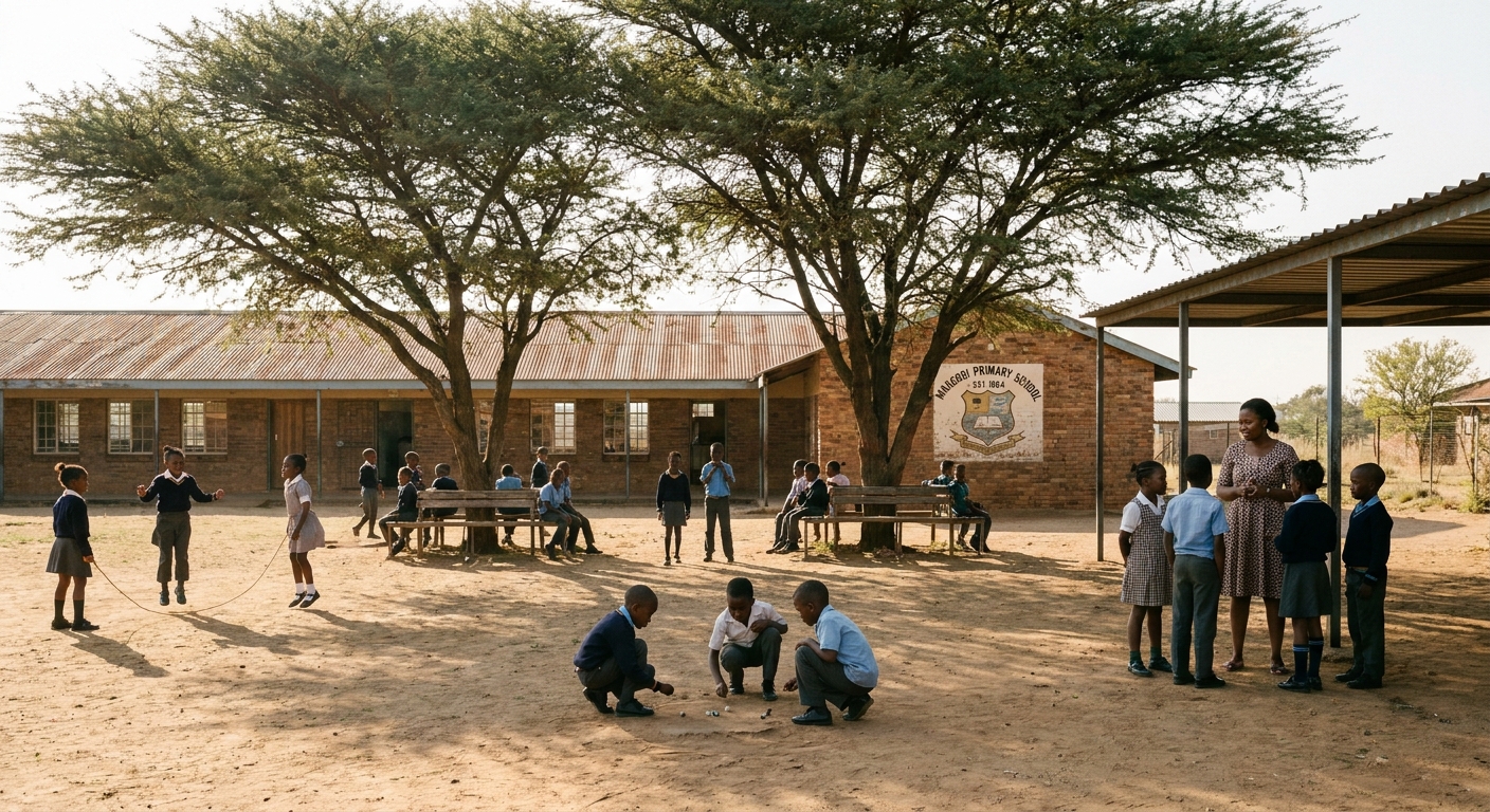 Schoolyard with acacia trees, benches and learners walking between classes