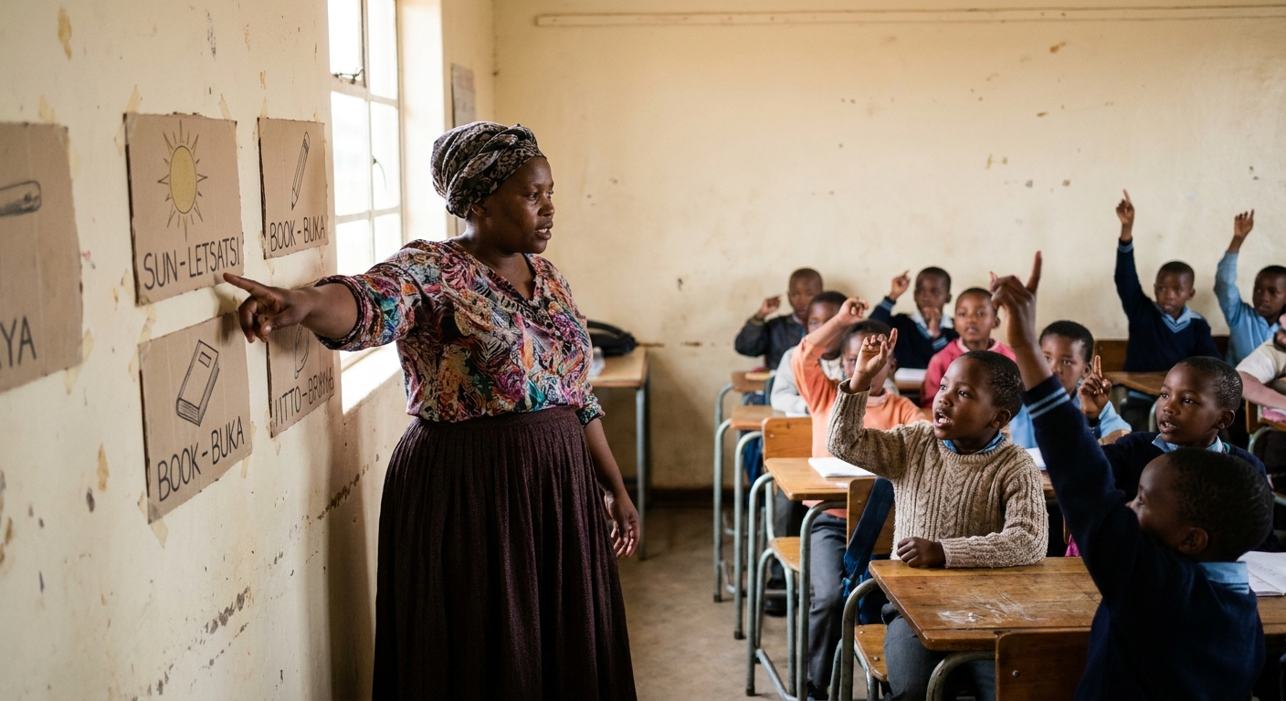 Teacher pointing at vocabulary cards on a wall during an English lesson