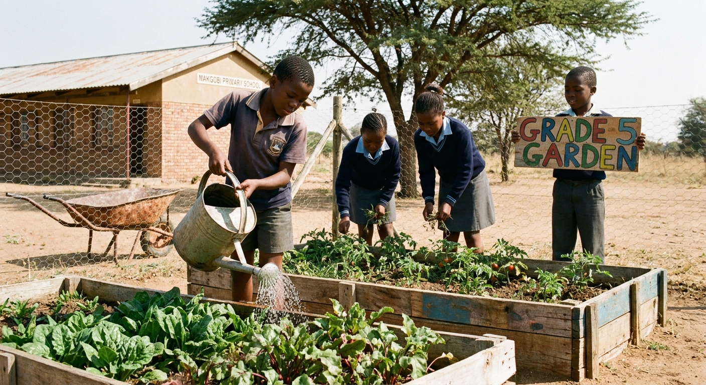 Learners watering vegetables in the school food garden