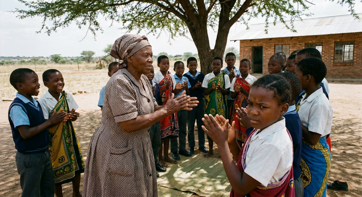 Children learning a Setswana song during a heritage lesson