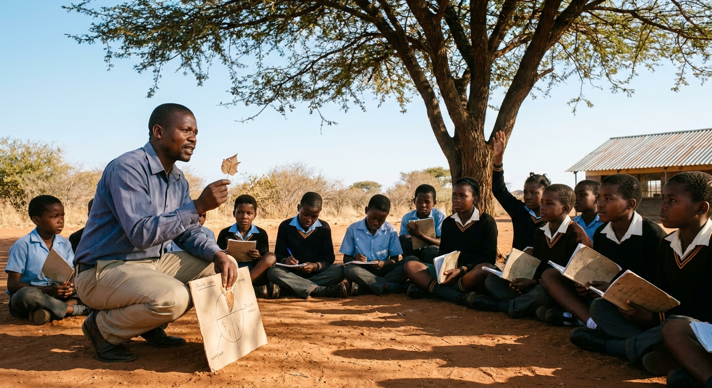 Learners on an outdoor lesson sitting under acacia trees