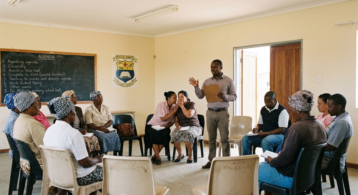 Parents in a meeting with teachers in the school hall