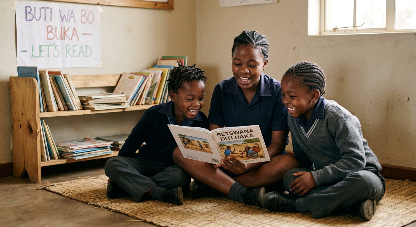 Children sharing a book in the school reading corner