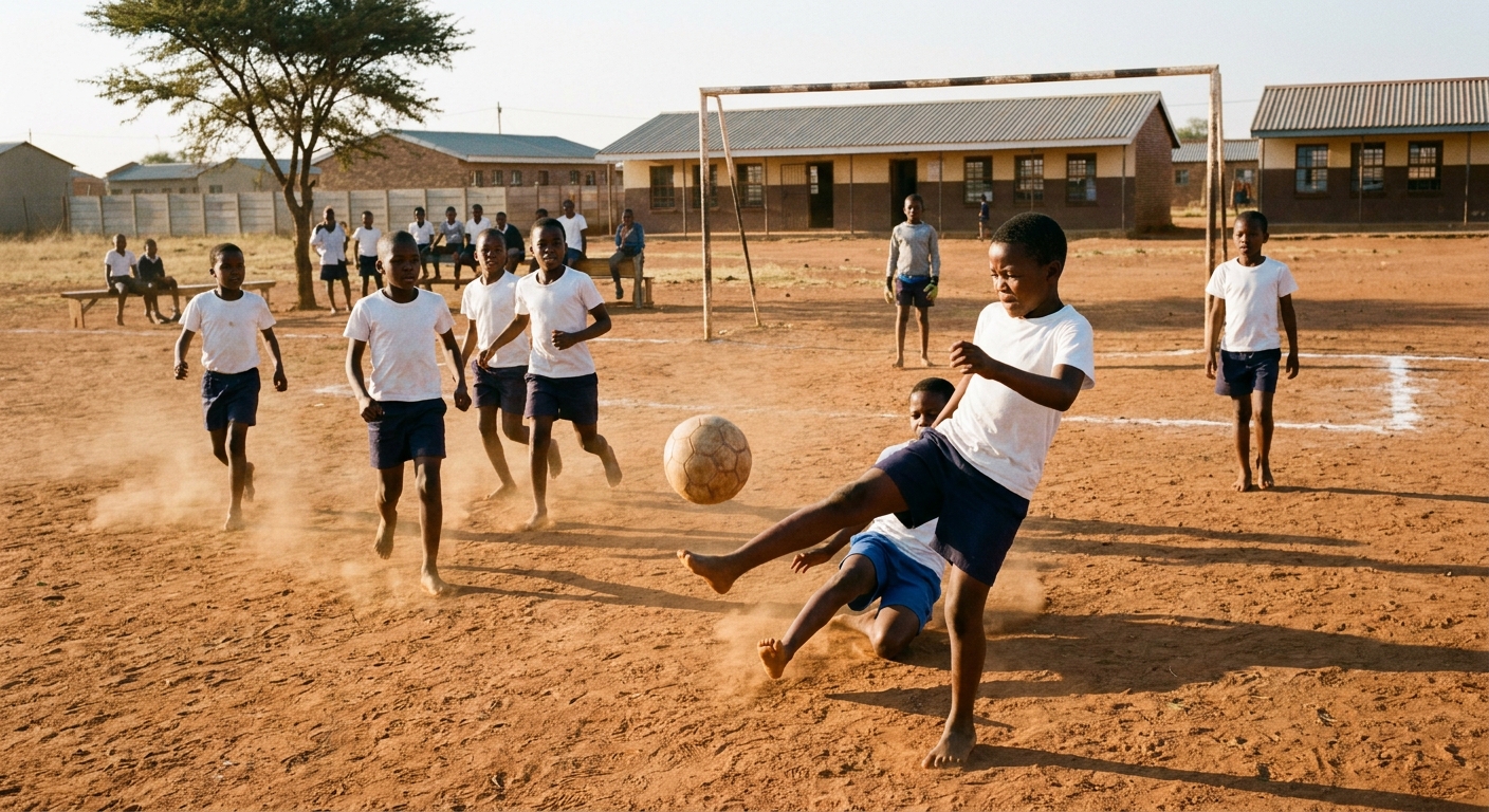 Children playing soccer on the school dirt field