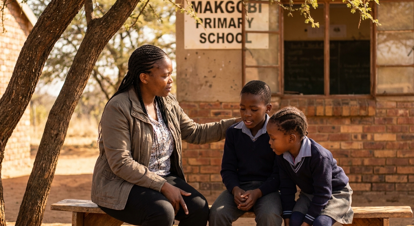 Two children sitting on a bench with a teacher during a chat
