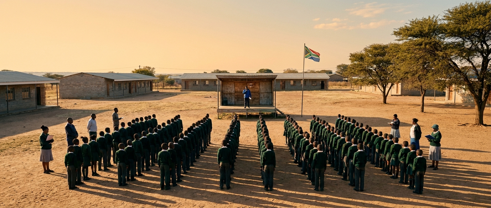 Wide aerial view of the schoolyard during morning assembly with all learners gathered
