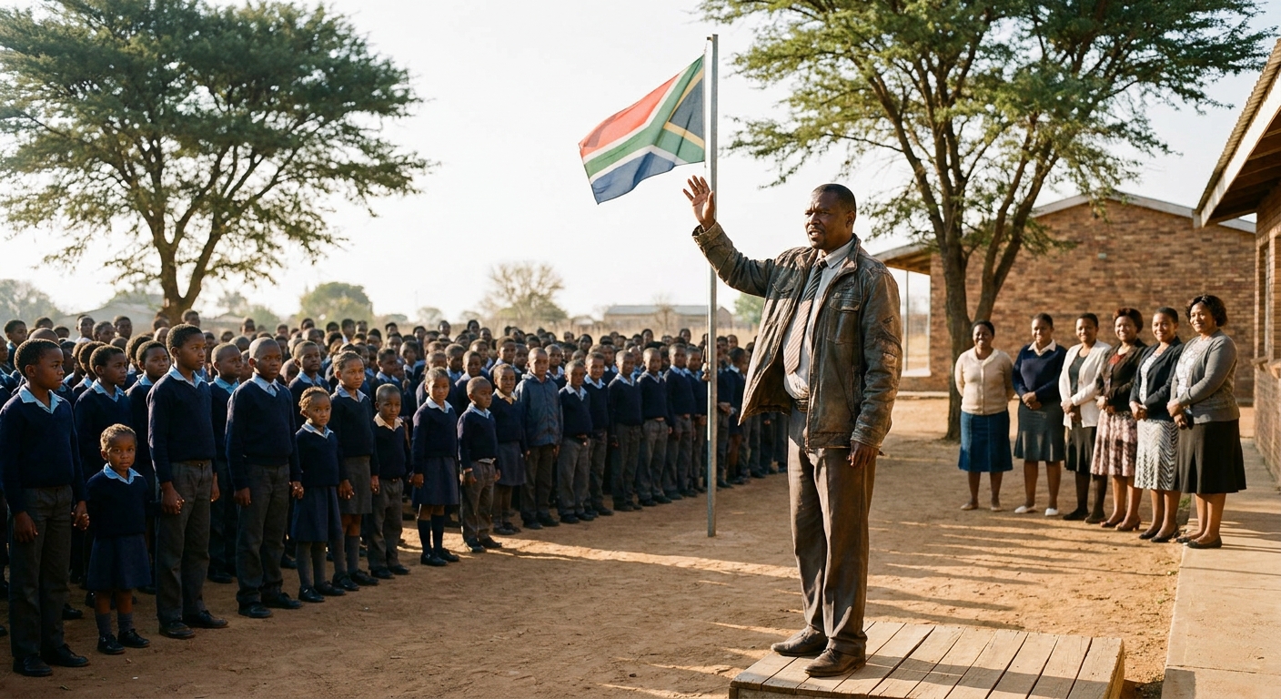 Whole-school assembly on the first day of term with the principal addressing learners