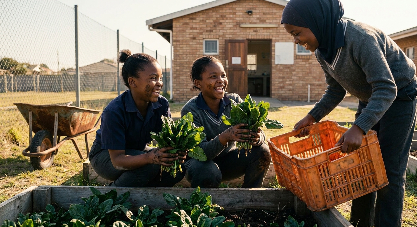 Learners harvesting spinach from the school food garden