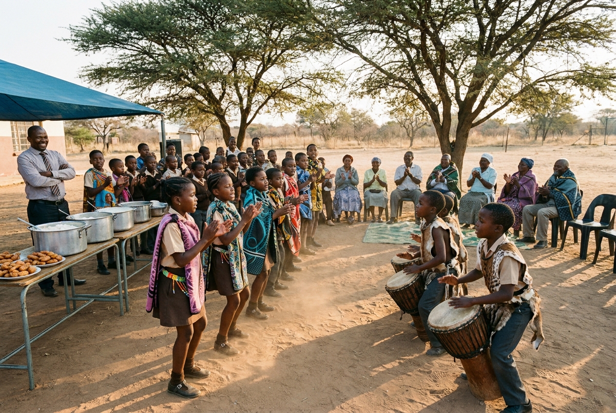 Children in heritage outfits performing on Heritage Day