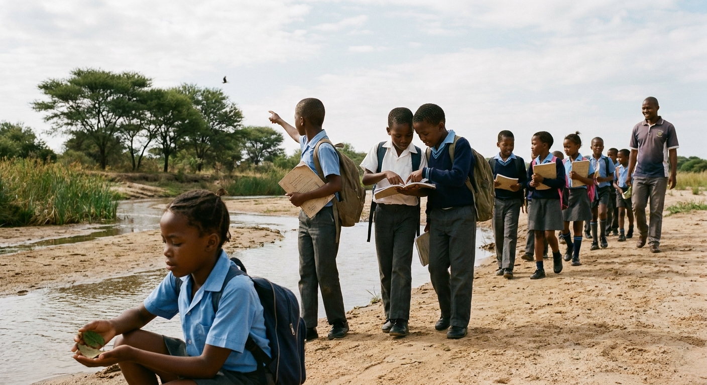 Learners on a riverside outdoor learning trip identifying plants