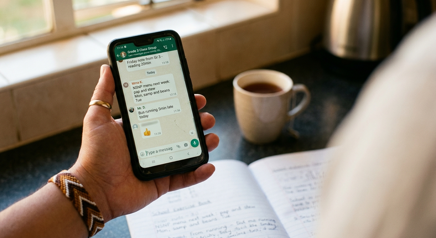Phone showing the class WhatsApp group with school messages