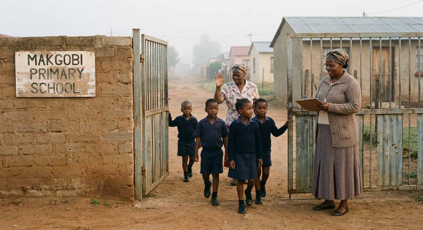 School security gate with the duty teacher checking learners in